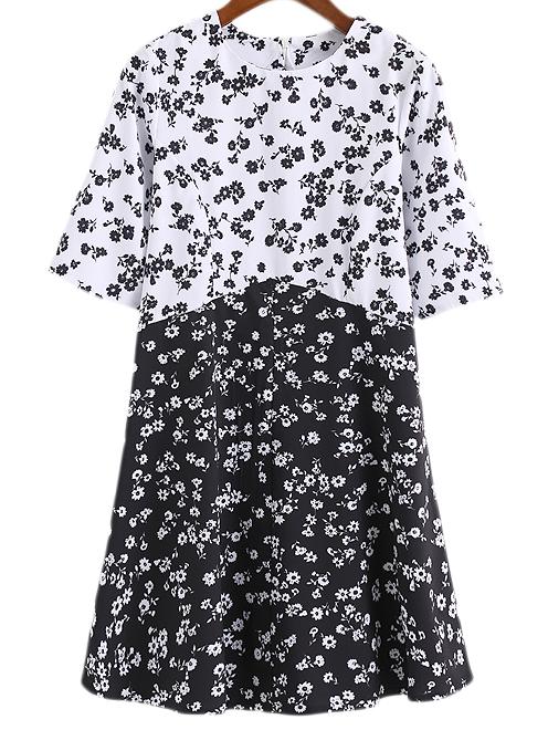 Shein Black White Half Sleeve Zipper Back Floral Dress