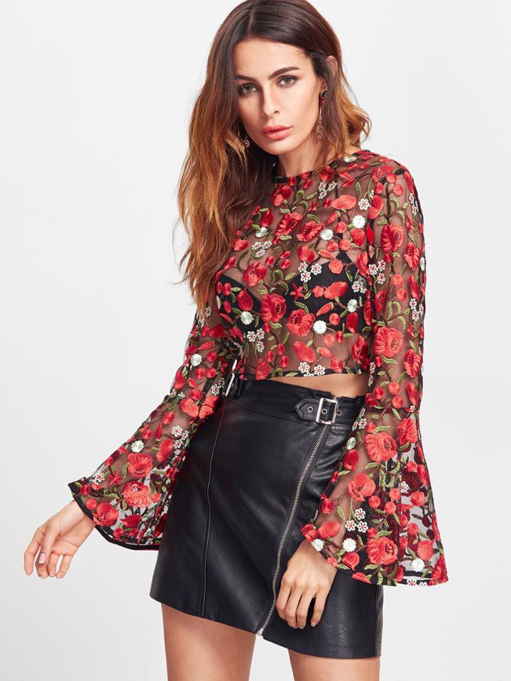 Shein Red Bell Sleeve Flower Embroidered Mesh Top