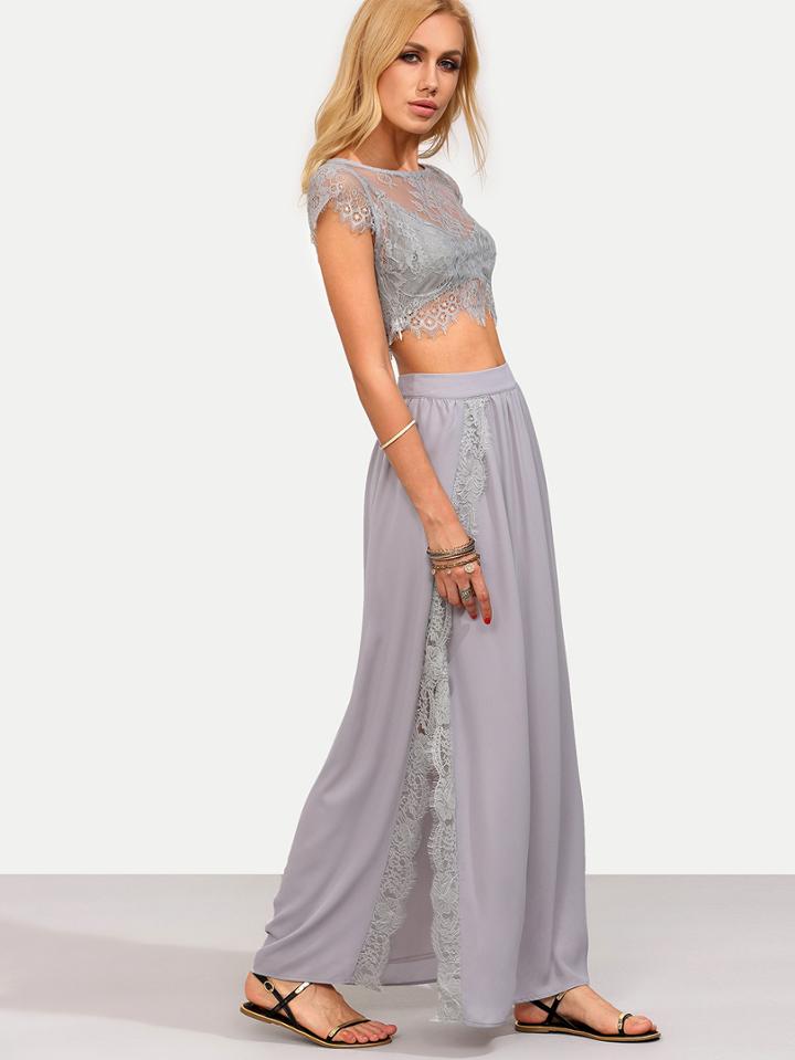 Shein Grey Cap Sleeve Lace Crop Top With Split Skirt