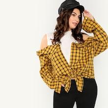 Shein Plus Cold Shoulder Plaid Blouse