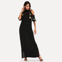 Shein Floral Embroidered Open Shoulder Longline Dress