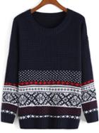 Shein Navy Round Neck Tribal Print Knit Sweater