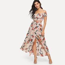 Shein Off-shoulder Top With Flower Print Split Skirt
