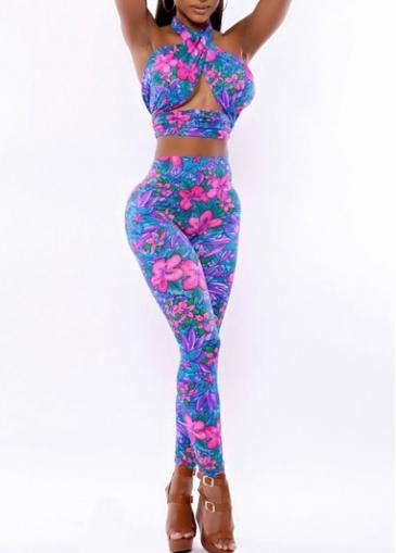 Rosewe Enchanting Halter Design Printed Tops And High Waist Leggings