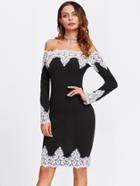 Shein Contrast Lace Trim Off Shoulder Pencil Dress