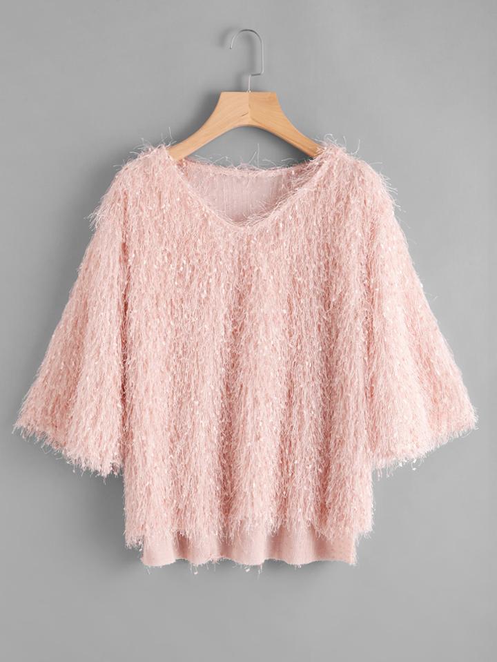 Shein V Neckline Dip Hem Fluffy Top