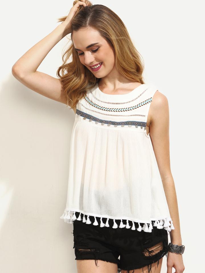 Shein White Hollow Panel Tassel Hem Embroidered Tank Top