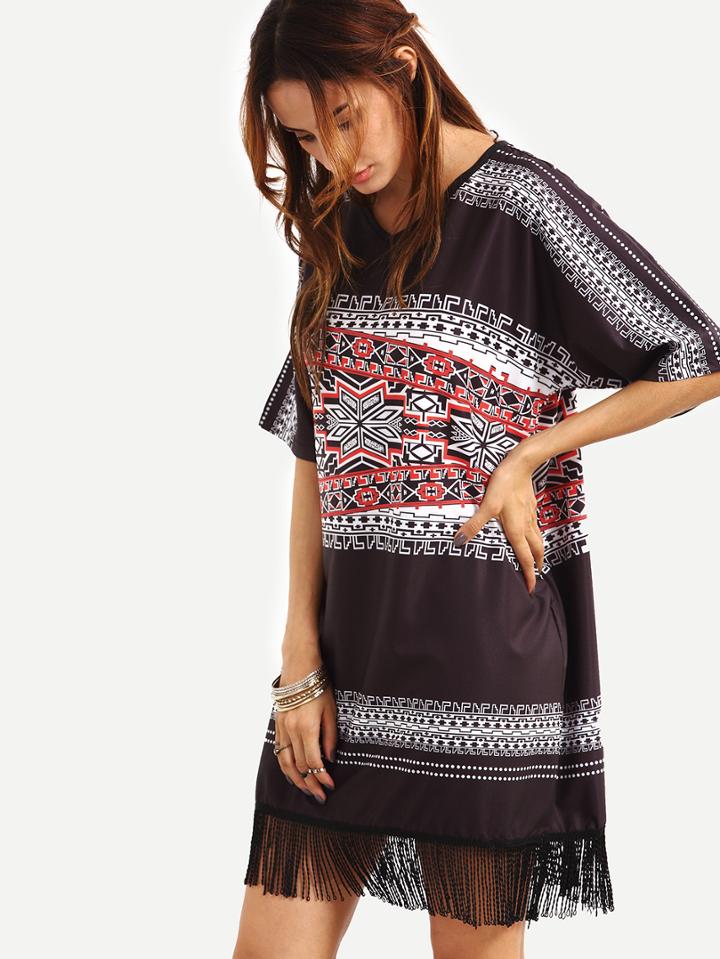 Shein Fringe Trimmed Tribal Print Oversized Dress - Black