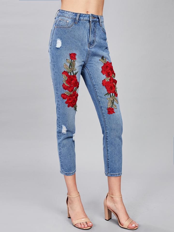 Shein 3d Flower Applique Crop Jeans