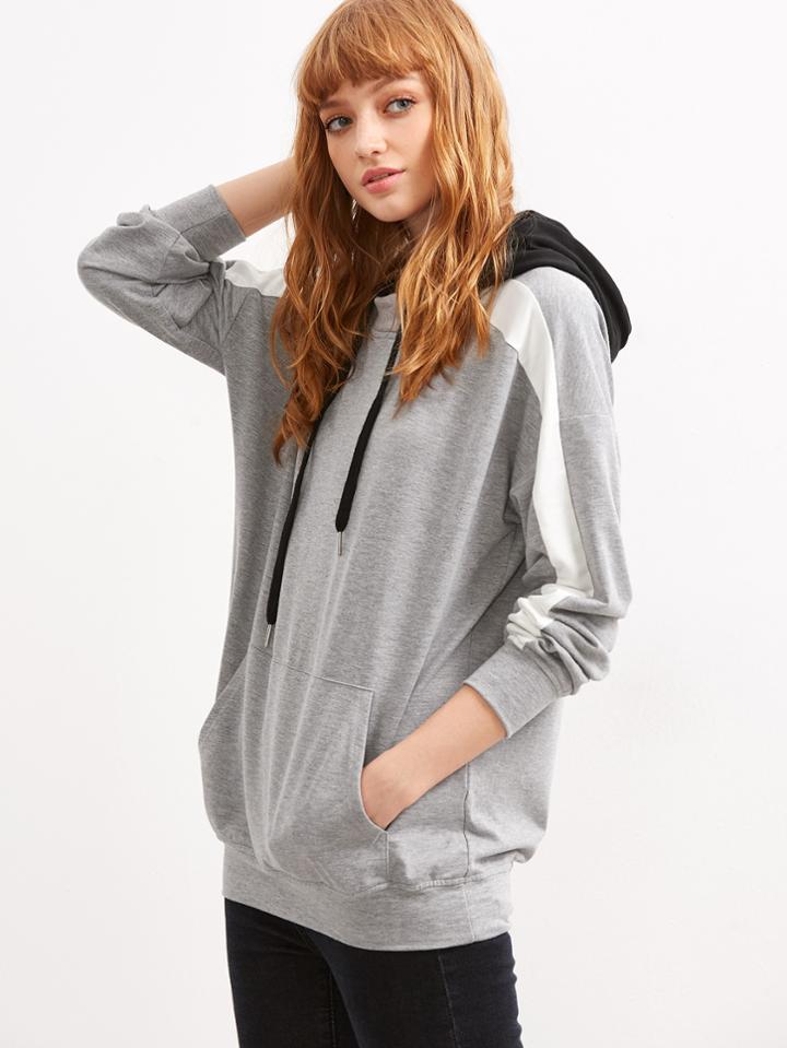 Shein Color Block Drop Shoulder Striped Sleeve Hoodie