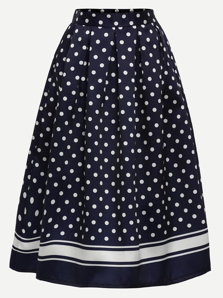 Shein Polka Dot Print Box Pleated Midi Skirt - Navy