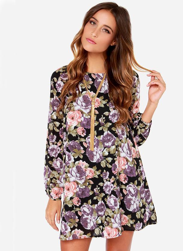 Shein Black Long Sleeve Floral Print Dress
