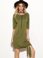 Shein Olive Green Drop Shoulder Half Sleeve Knot Hem Tee Dress