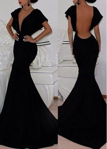 Rosewe Backless Deep V Neck Black Evening Mermaid Dress
