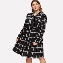 Shein Plus Tie Neck Grid Print Dress