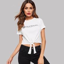 Shein Sunburn Rib-knit Letter Print Knot Front Top