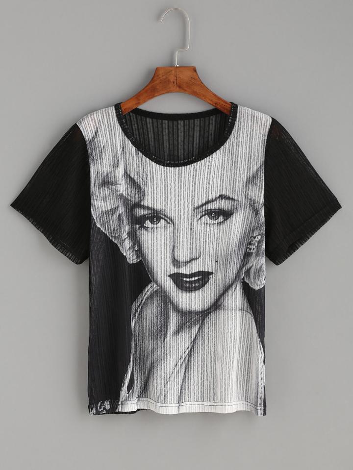 Shein Black Monroe Print Sheer T-shirt