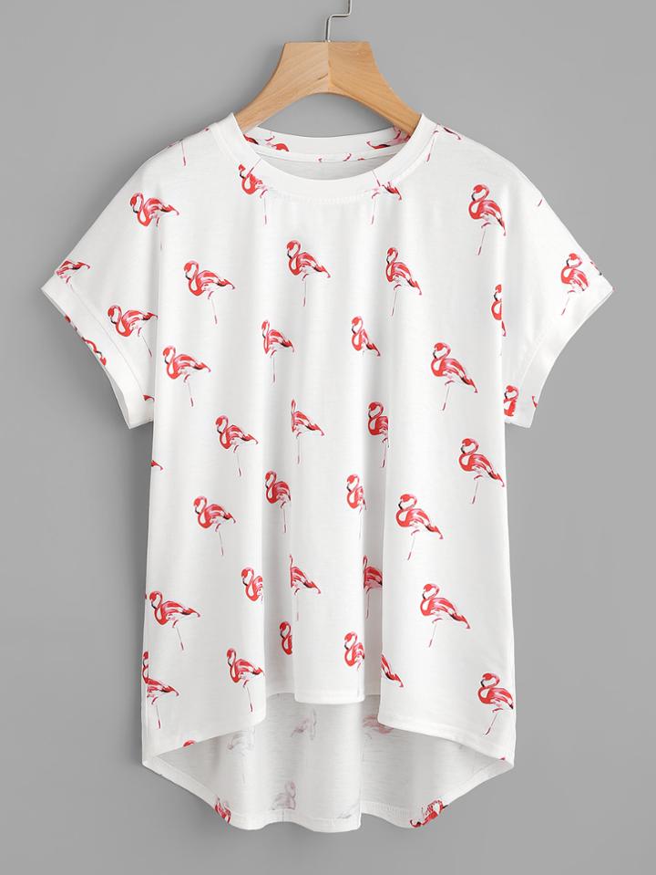 Shein Flamingo Print Curved Back Slub Tee