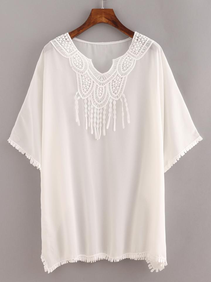 Shein Lace Trimmed White Chiffon Poncho Blouse