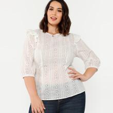 Shein Plus Eyelet Long Sleeve Frill Trim Top