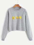 Shein Grey Emoji Print Raw Hem Crop Sweatshirt