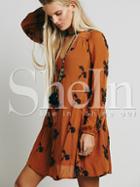 Shein Yellow Long Sleeve Floral Embroidery Dress