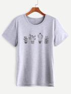 Shein Heather Grey Cactus Print T-shirt