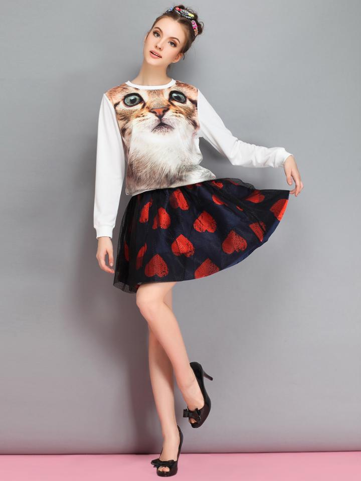 Shein Navy Heart Print Contrast Mesh Skirt
