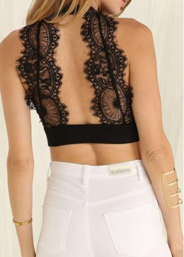 Rosewe Solid Black Lace Panel Keyhole Neckline Crop Top