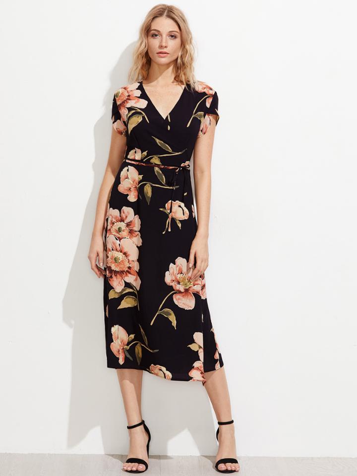 Shein Random Florals Petal Sleeve Chiffon Dress