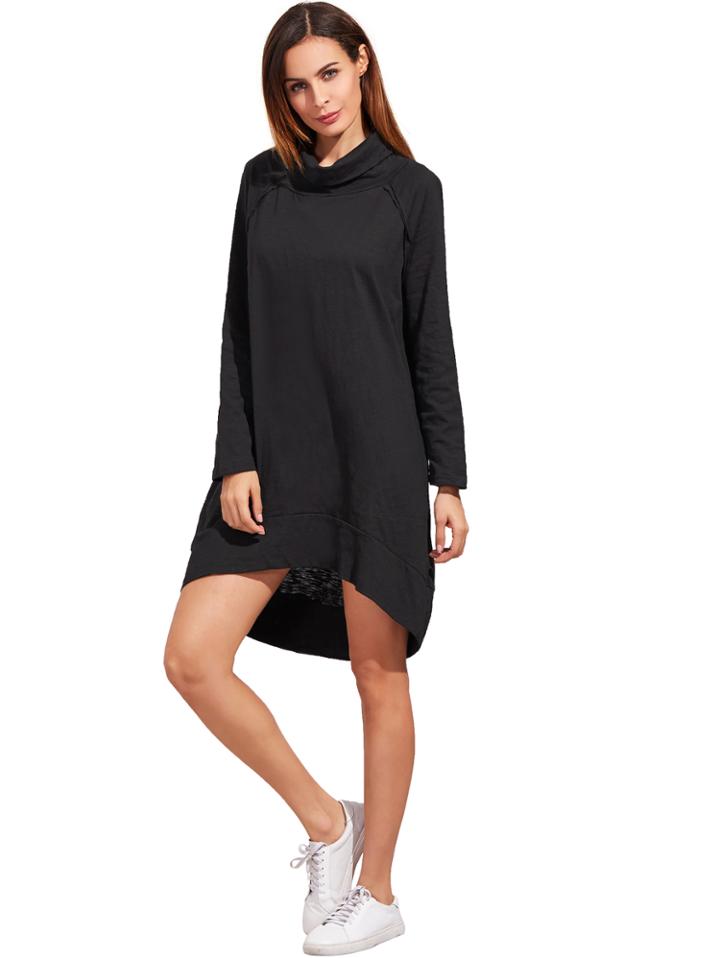 Shein Black Cowl Neck Long Sleeve High Low Dress