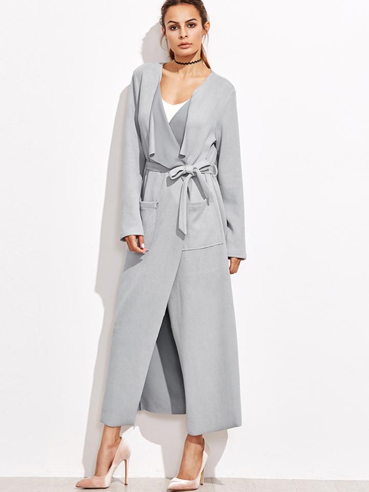 Shein Grey Waterfall Collar Wrap Coat With Pocket