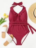 Shein Self Tie Neck Knot Side Ruffle Swimsuit