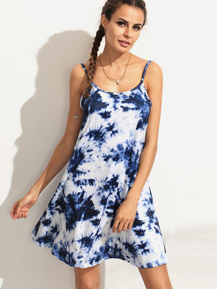 Shein Blue Tie Dye Print Scoop Back Swing Cami Dress