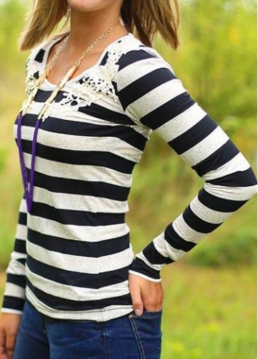 Rosewe Lace Panel Long Sleeve Striped T Shirt