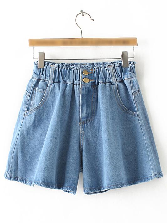 Shein Light Blue Elastic Waist Pockets Denim Culottes