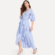 Shein Gathered Sleeve Self Belted Overlap Asymmetrical Dress