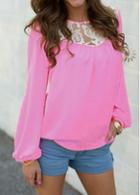 Rosewe Pink Long Sleeve Lace Panel Blouse