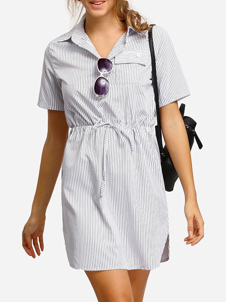 Shein White Vertical Striped Split Shirt Dress
