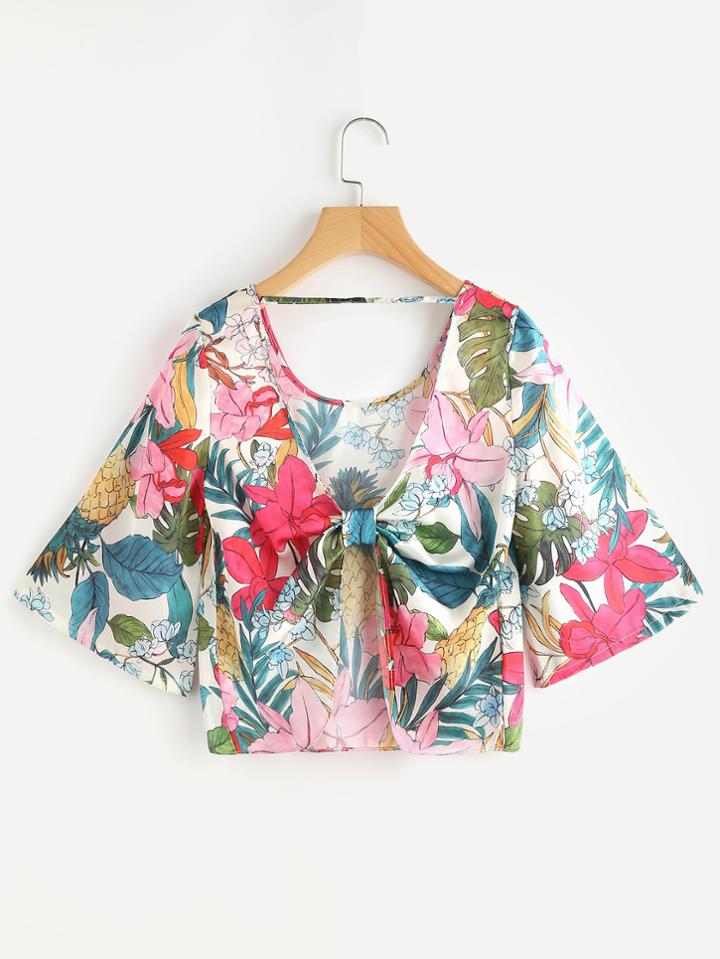 Shein Random Printed Twist Open Front Top