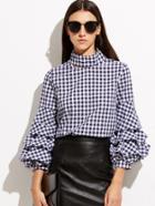 Shein Gingham Cutout High Neck Billow Sleeve Blouse