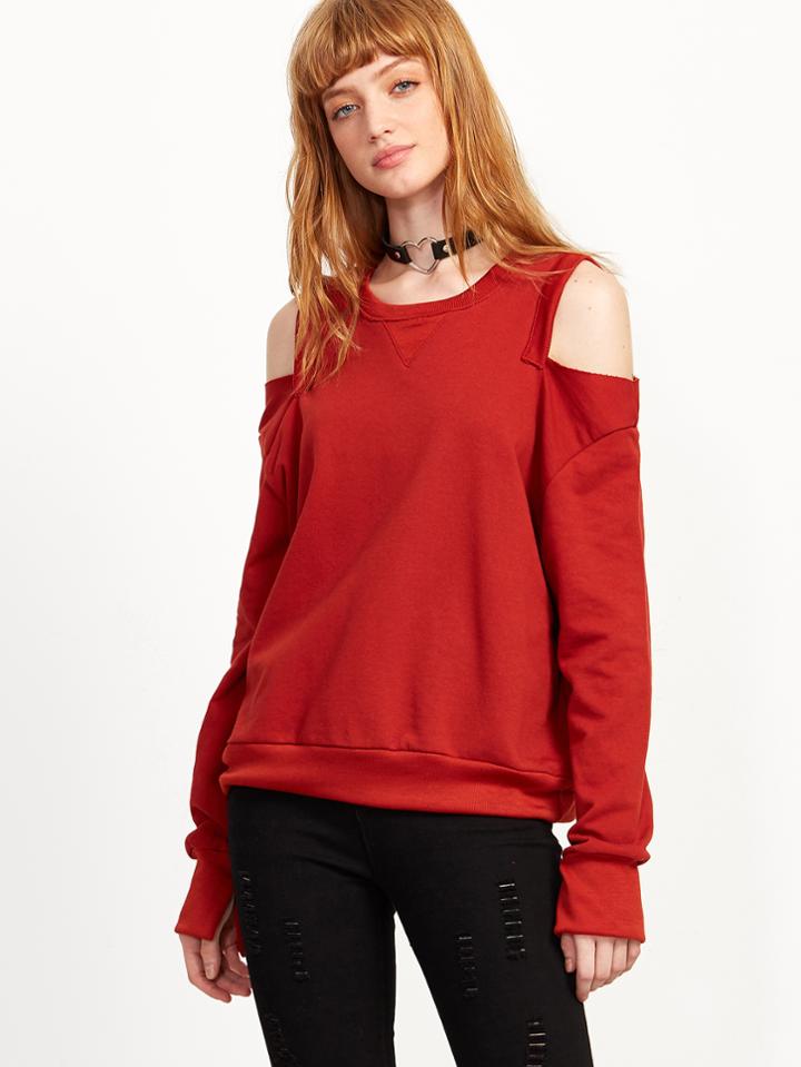 Shein Red Open Shoulder Split Sweatshirt