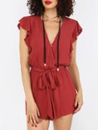 Shein Red V Neck Tie Waist Ruffle Jumpsuit