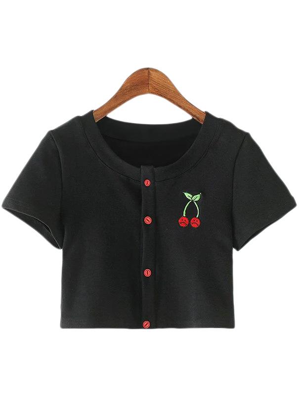 Shein Black Buttons Front Cherry Embroidery Crop T-shirt