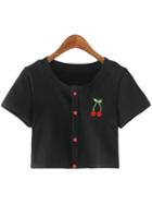 Shein Black Buttons Front Cherry Embroidery Crop T-shirt