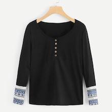 Shein Contrast Panel Geo Print Henley Tee