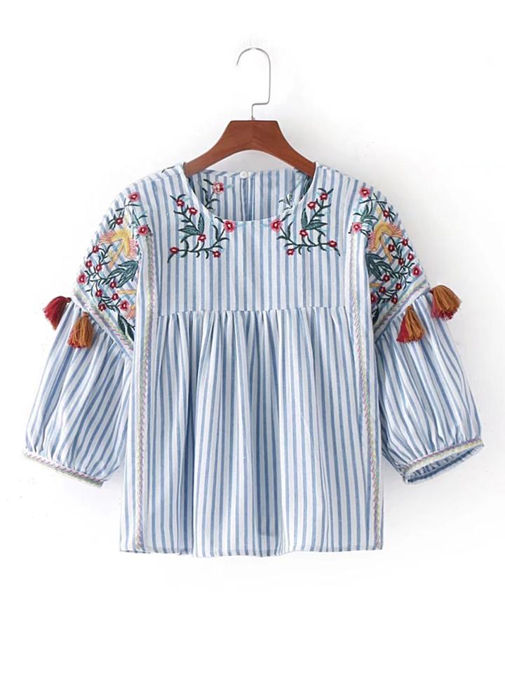 Shein Vertical Striped Flower Embroidery Top With Fringe