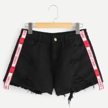 Shein Letter Print Raw Hem Ripped Denim Shorts