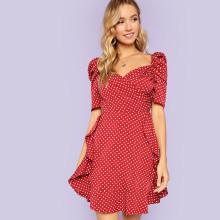 Shein Polka Dot Puff Sleeve Surplice Wrap Dress
