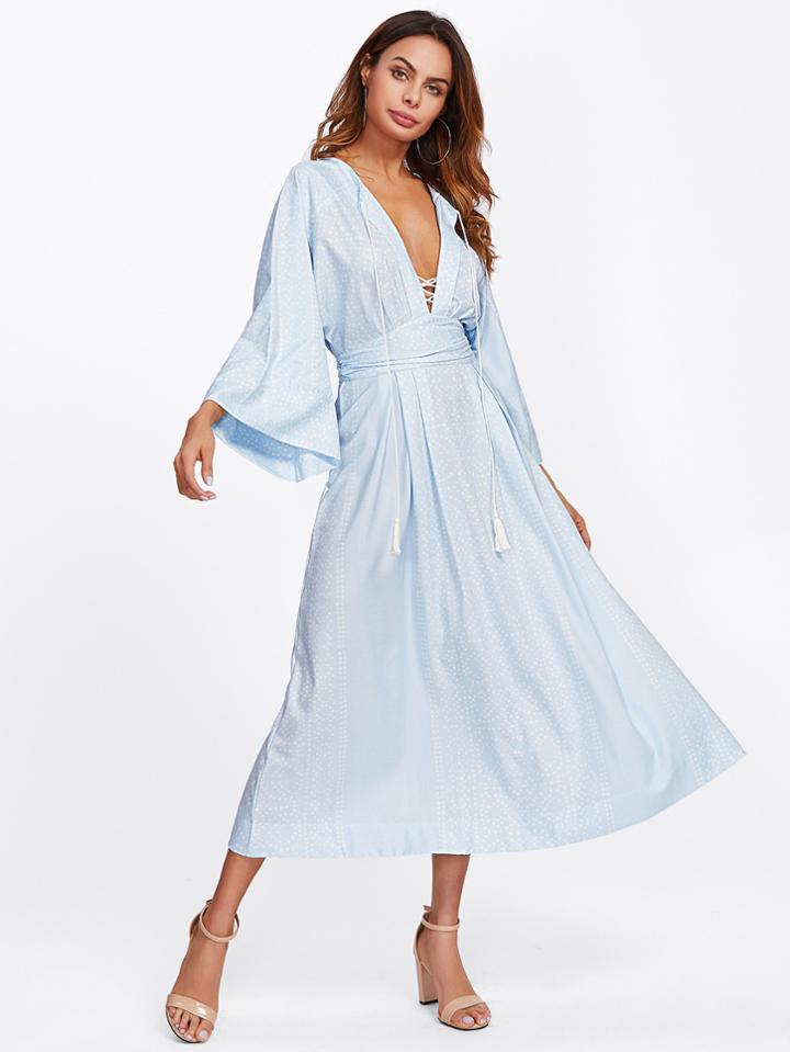 Shein Tasseled Tie Plunge Neck Polka Dot Dress